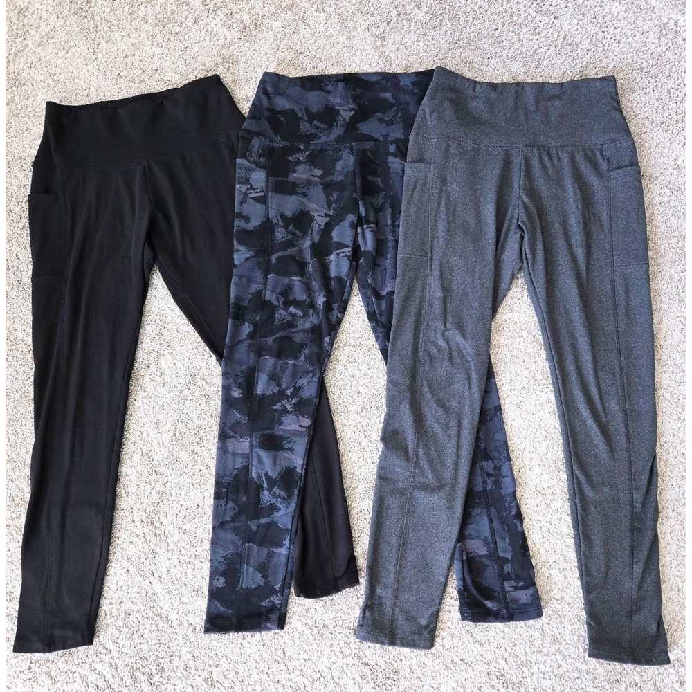 Lot 3 High Waisted Leggings with Pockets Black Gray Camo Small Medium